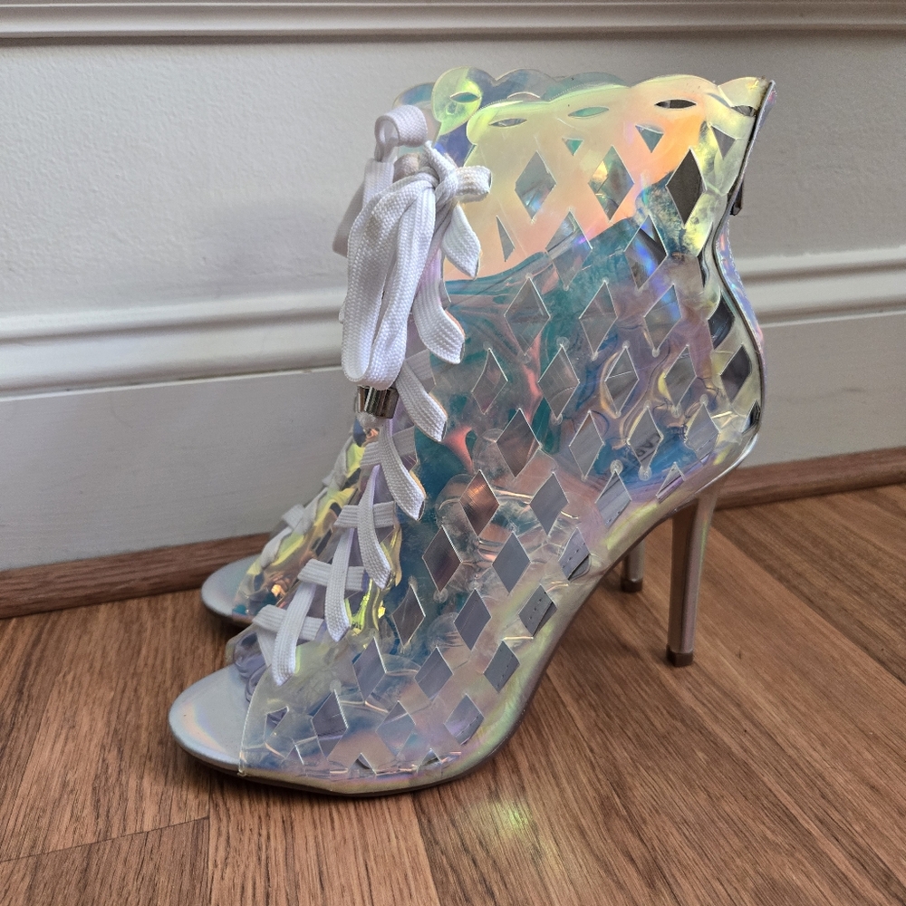 Cape Robbin clear iridescent lace-up booties ankle boots high heels 7.5 stiletto - Picture 2 of 10